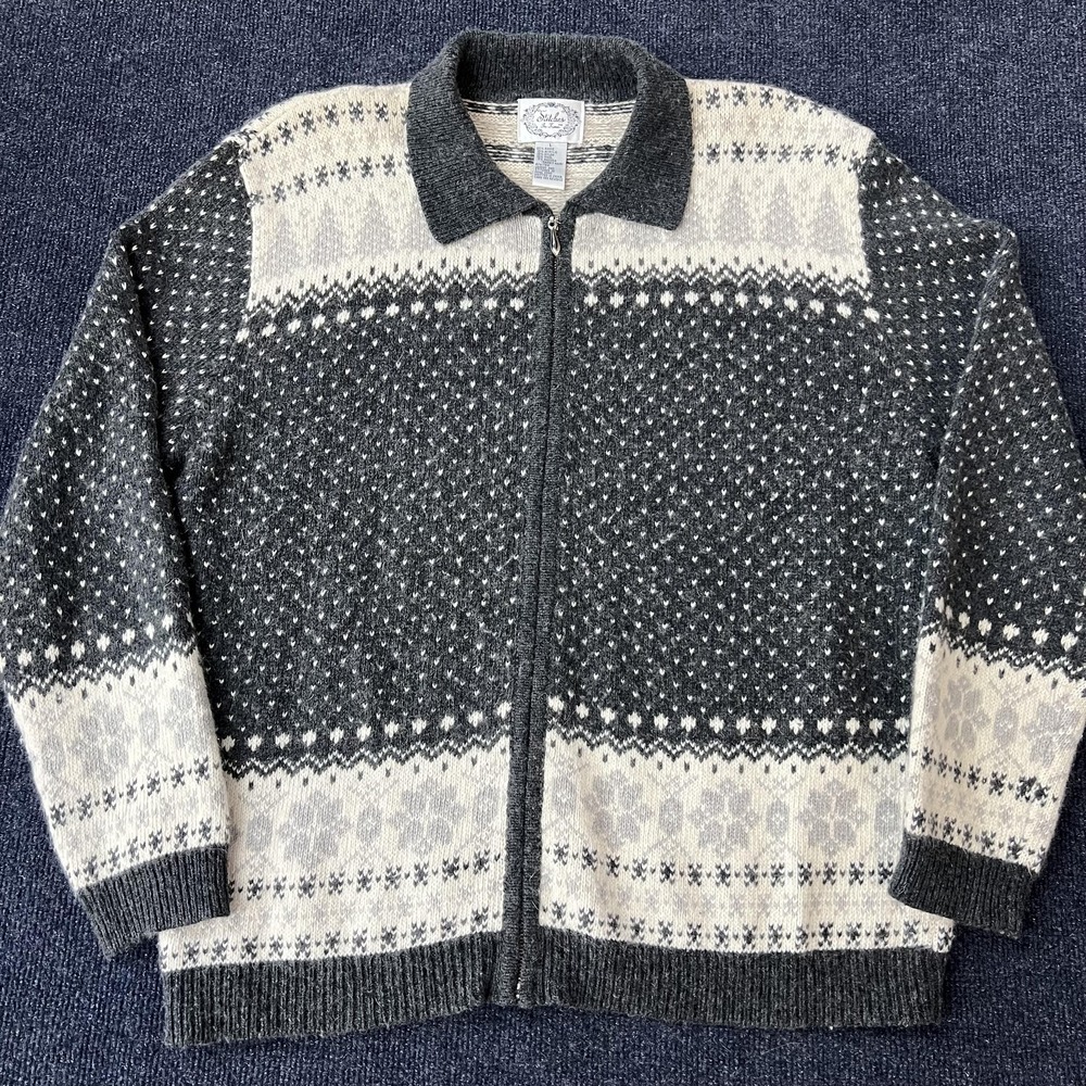 Vintage Stitches In Time Cardigan Sweater Womens Large Gray Fair Isle Zip Knit